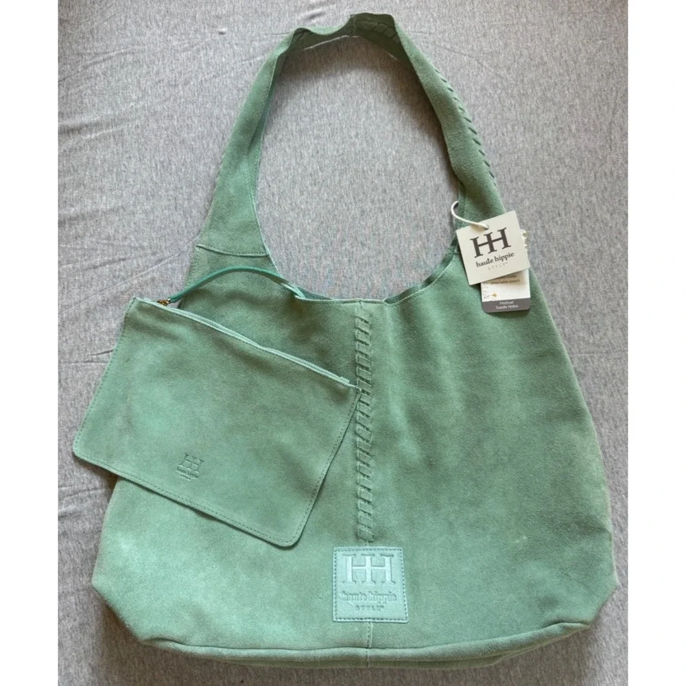 Haute Hippie Style Festival Suede Hobo Bag Green Braided Details Interior Pouch